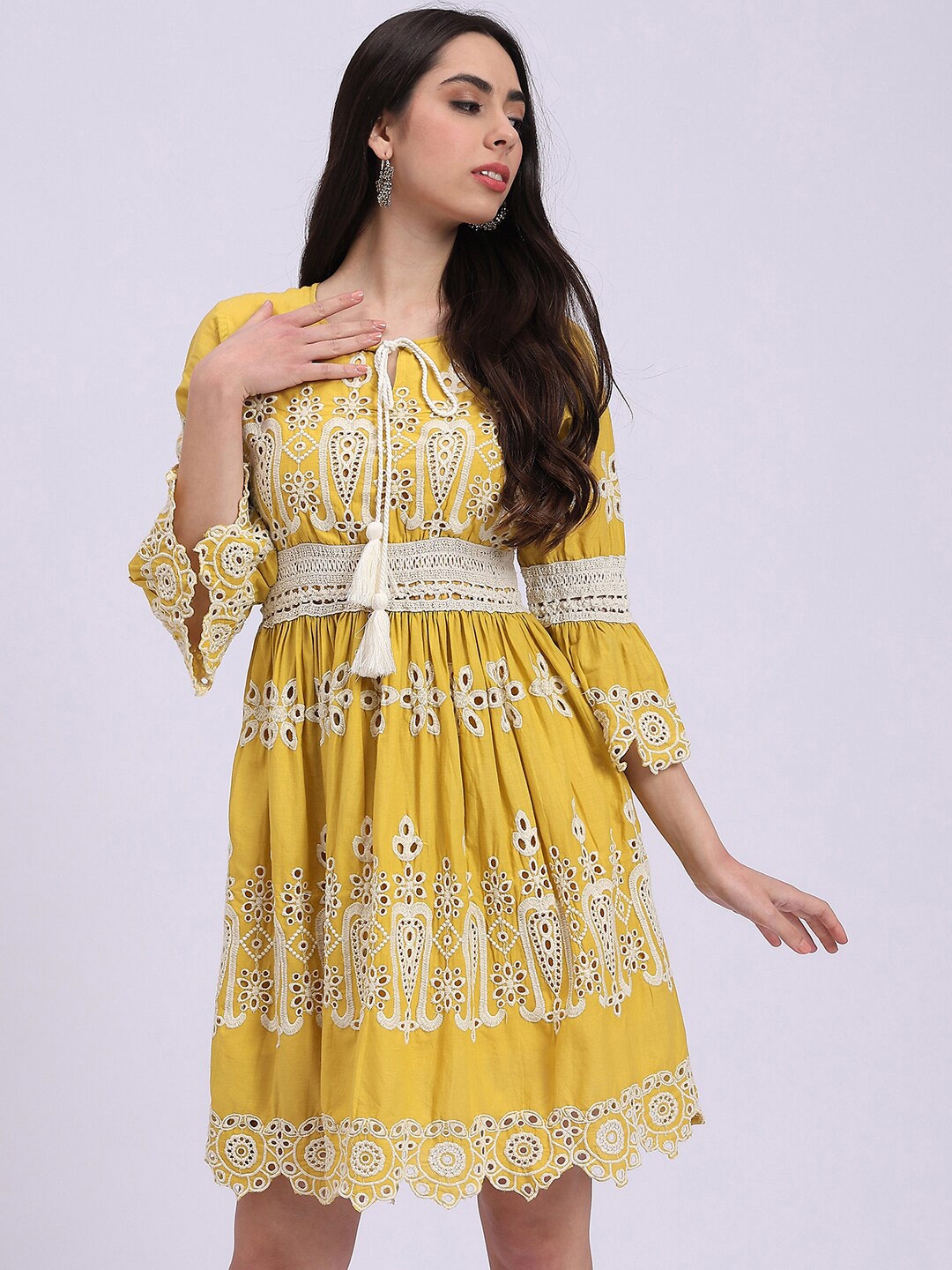 

Knitstudio Embroidered Cotton Tie-Up Neck Fit & Flare Dress, Mustard