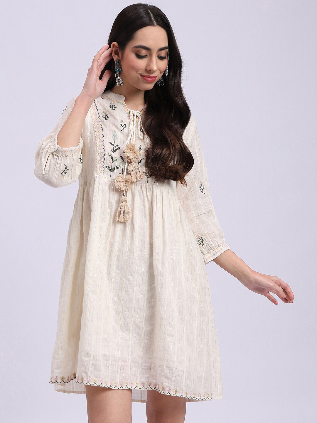 

Knitstudio Embroidered Cotton Tie-Up Neck Fit & Flare Dress, Off white