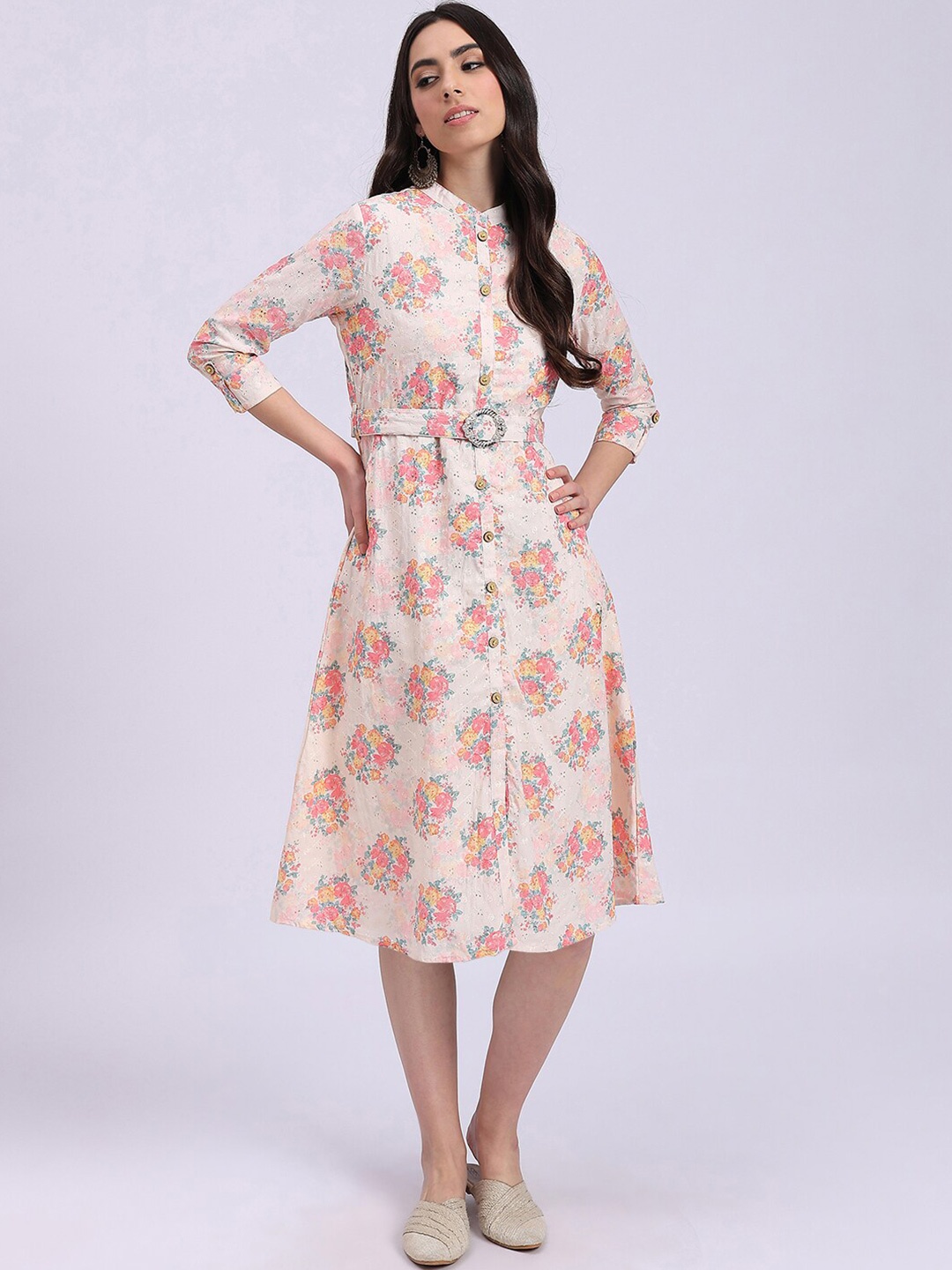 

Knitstudio Embroidered Cotton Mandarin Collar Neck A-Line Dress, Pink