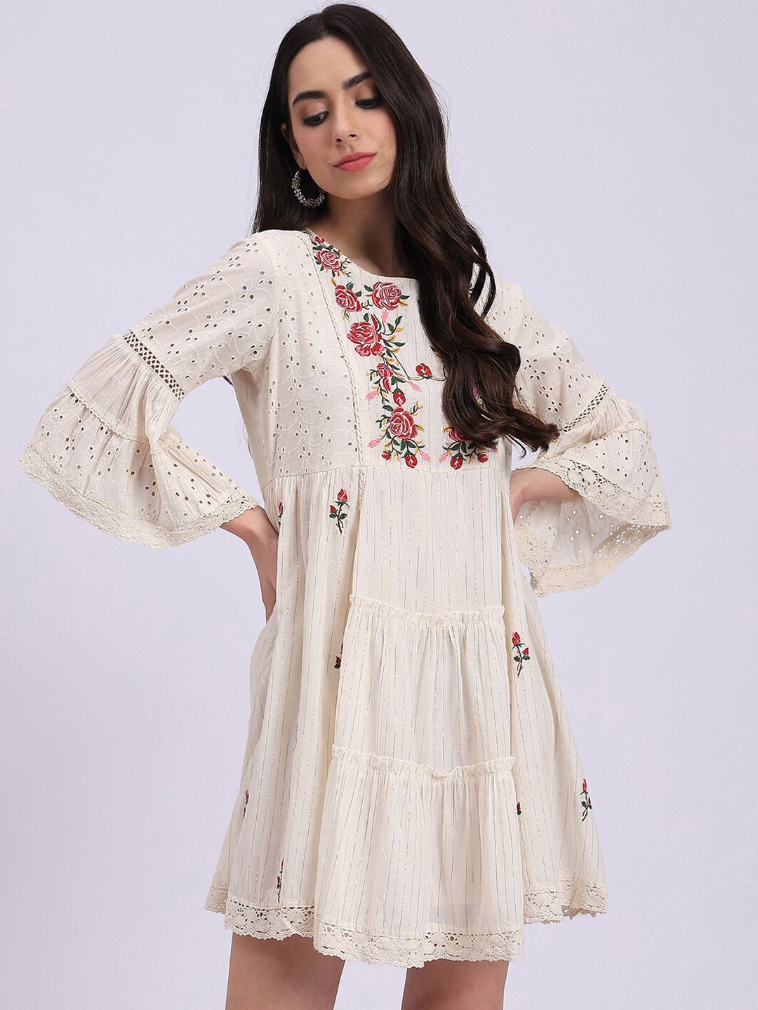 

Knitstudio Embroidered Cotton Round Neck Fit & Flare Dress, Off white