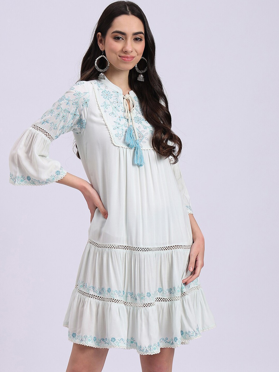 

Knitstudio Embroidered Cotton Tie-Up Neck Fit & Flare Dress, Blue