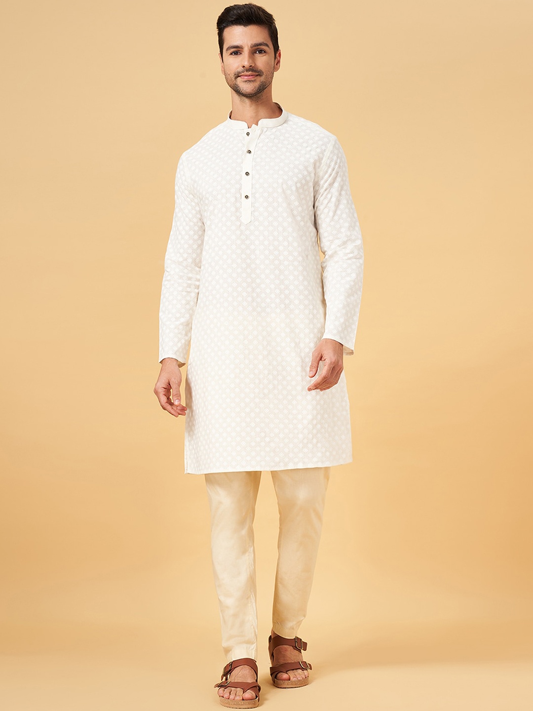 

indus route by Pantaloons Geometric Woven Design Mandarin Collar Straight Cotton Kurta, White