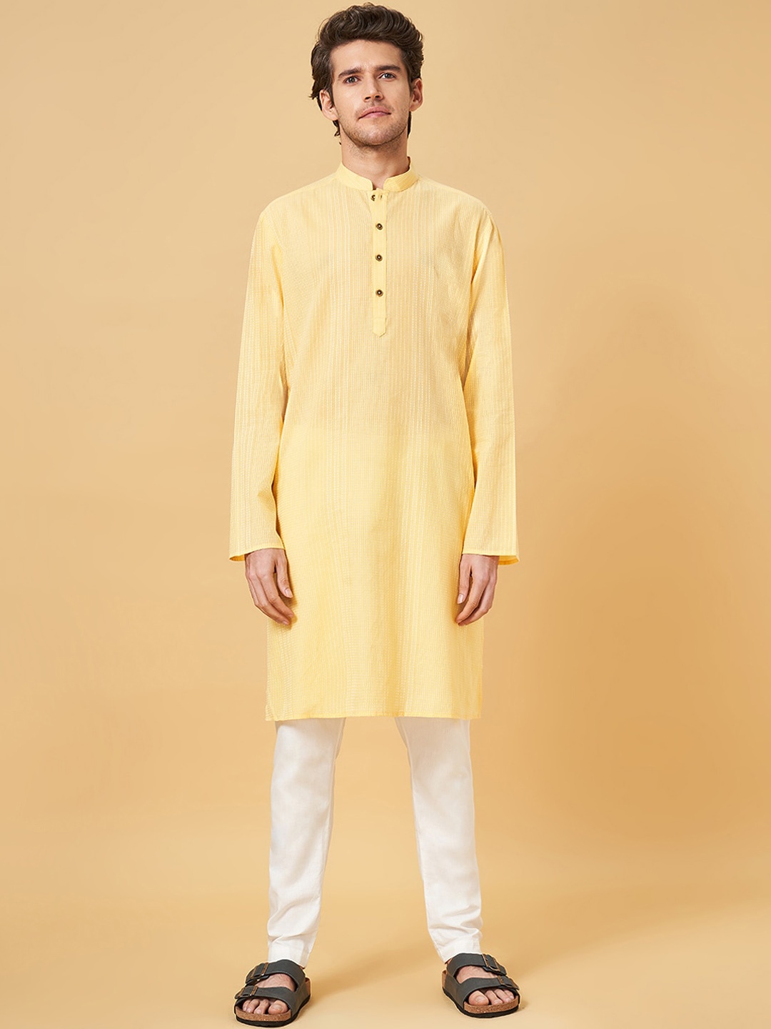 

indus route by Pantaloons Striped Mandarin Collar Thread Work Straight Cotton Kurta, Tan