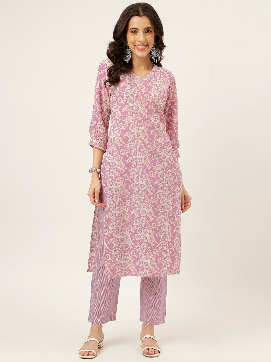 

SPARSA Floral Printed Regular Pure Cotton Kurta with Trousers, Pink