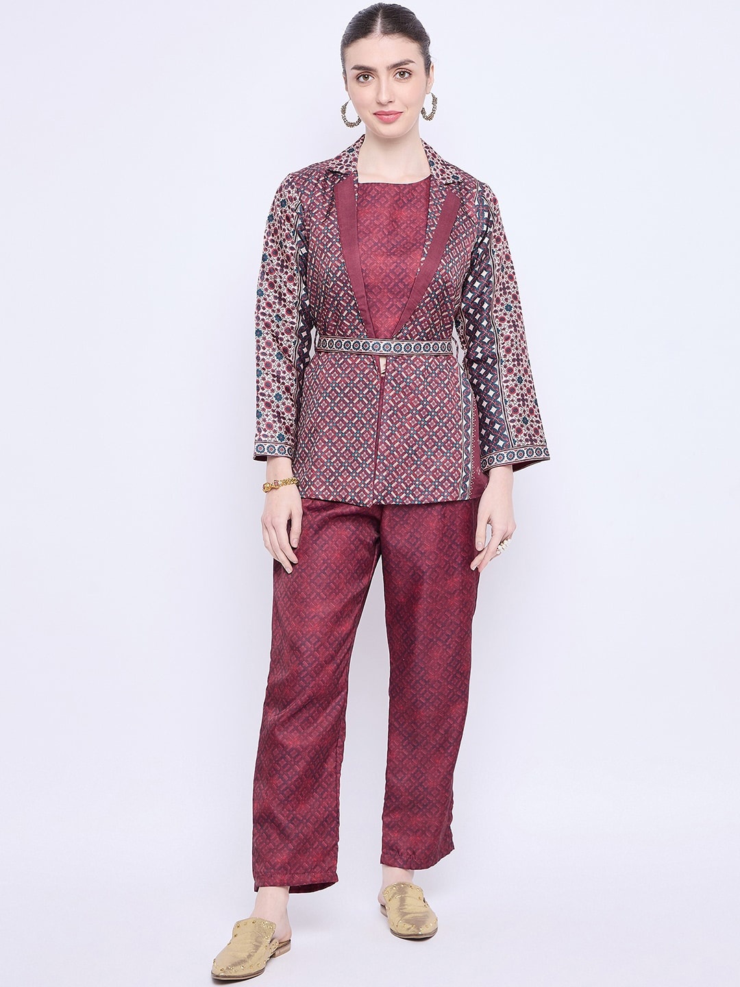 

Knitstudio Printed Notched Lapel Collar Coat With Trousers, Maroon