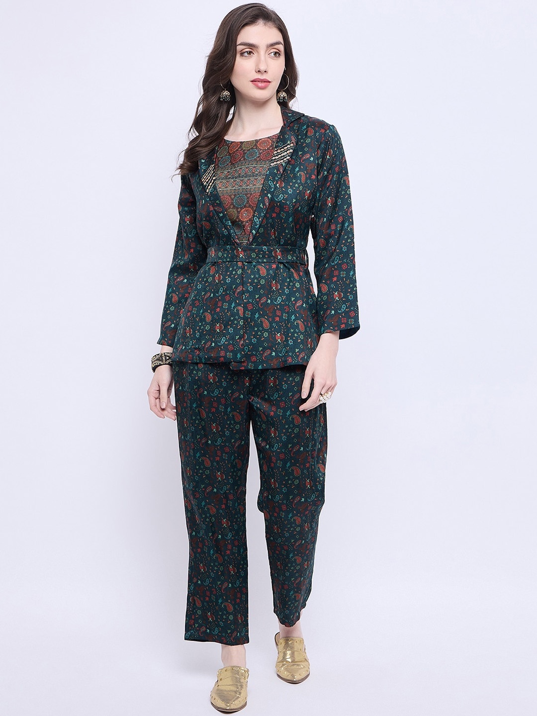 

Knitstudio Printed Round Neck Top & Trousers with Blazer, Green