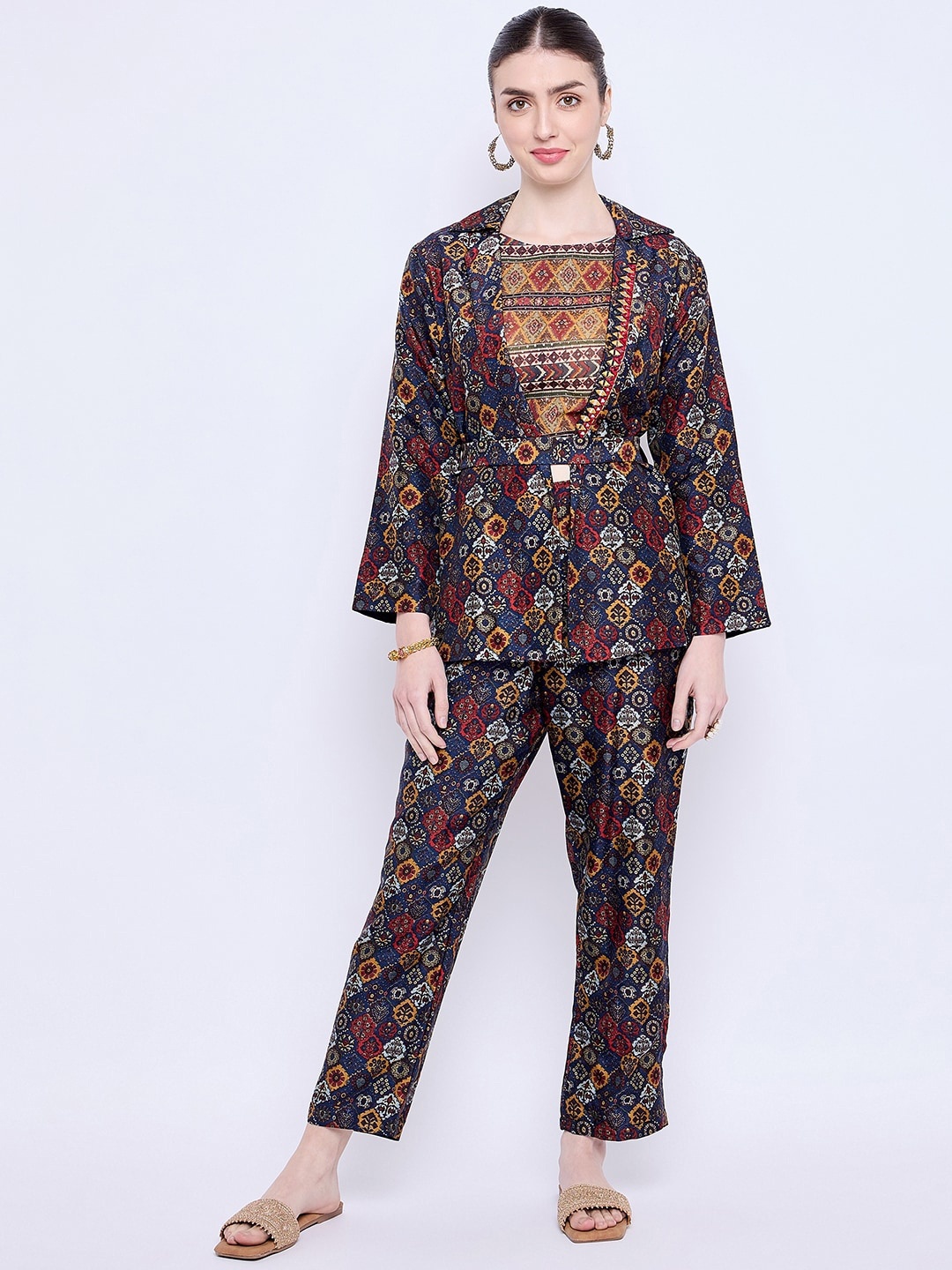 

Knitstudio Printed Round Neck Top & Trousers with Blazer, Blue