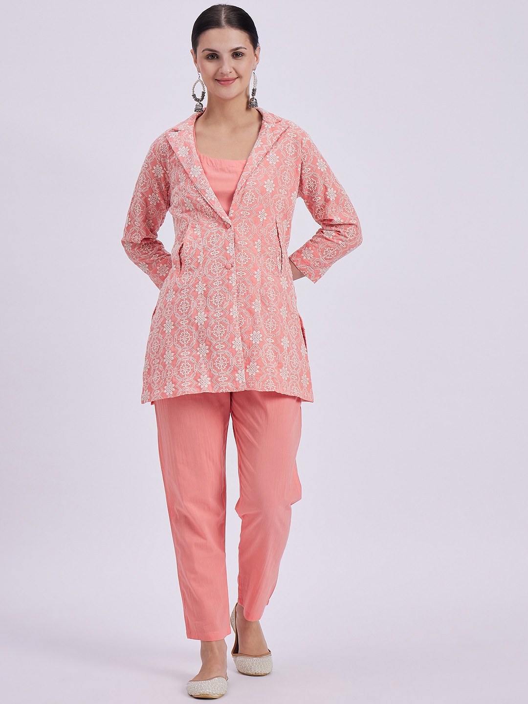

Knitstudio Sleeveless Top With Embroidered Jacket & Trousers, Peach
