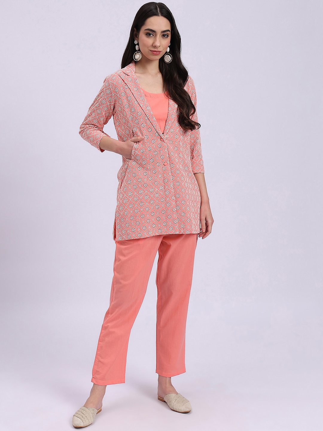 

Knitstudio Round Neck Sleeveless Top & Flared Trouser & Jacket, Peach