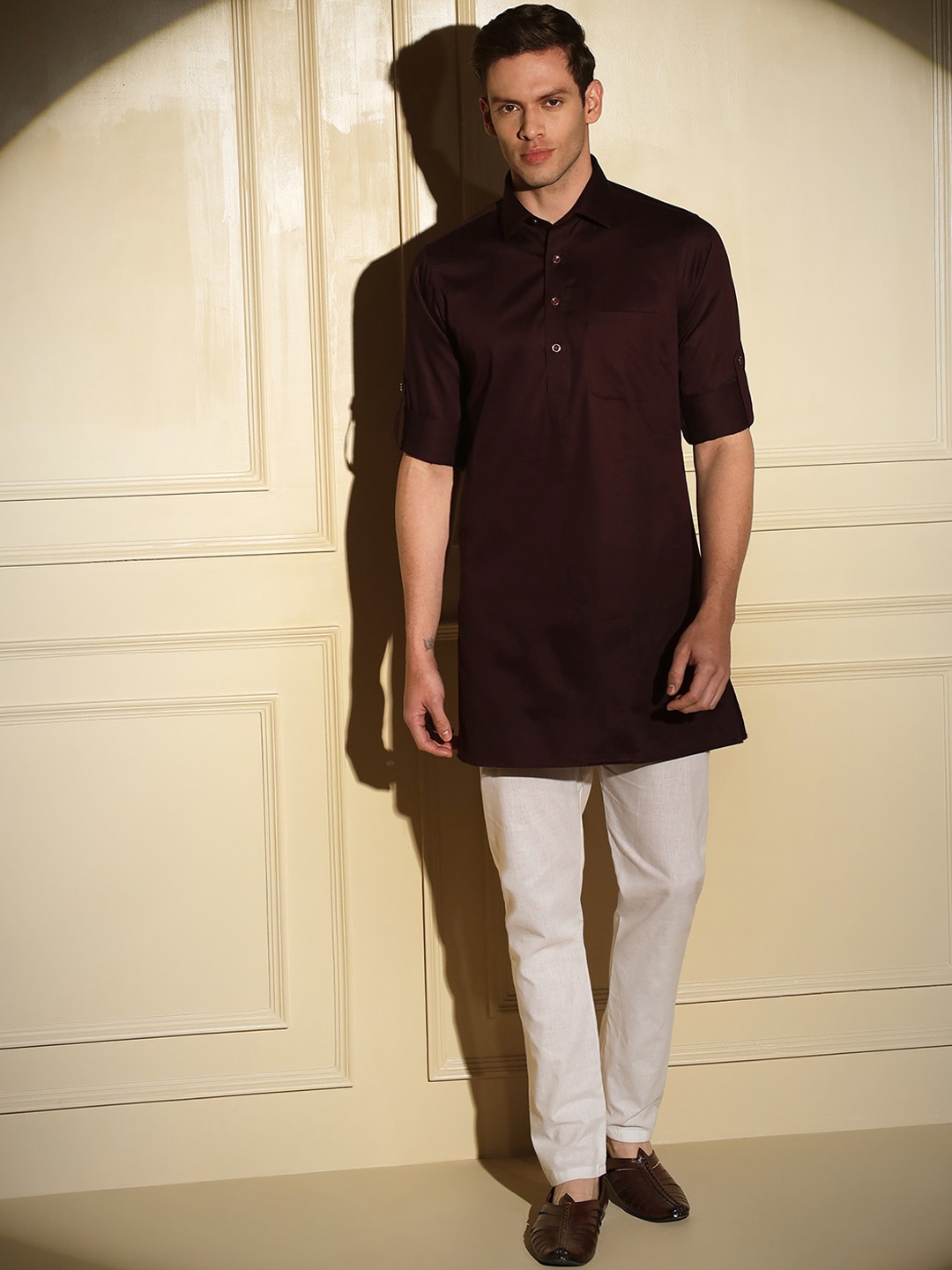 

MAD EXPRESS Shirt Collar Straight Kurta, Brown