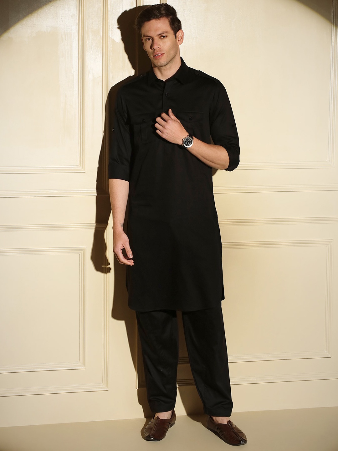 

MAD EXPRESS Shirt Collar Pathani Kurta, Black