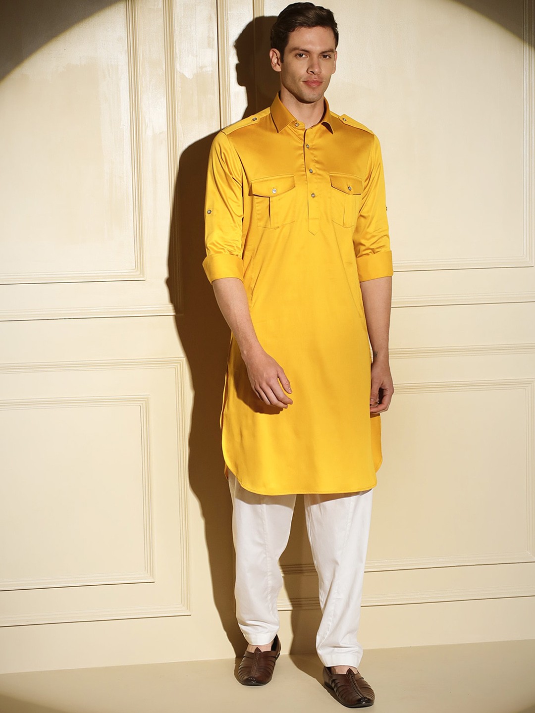 

MAD EXPRESS Shirt Collar Pathani Kurta, Mustard