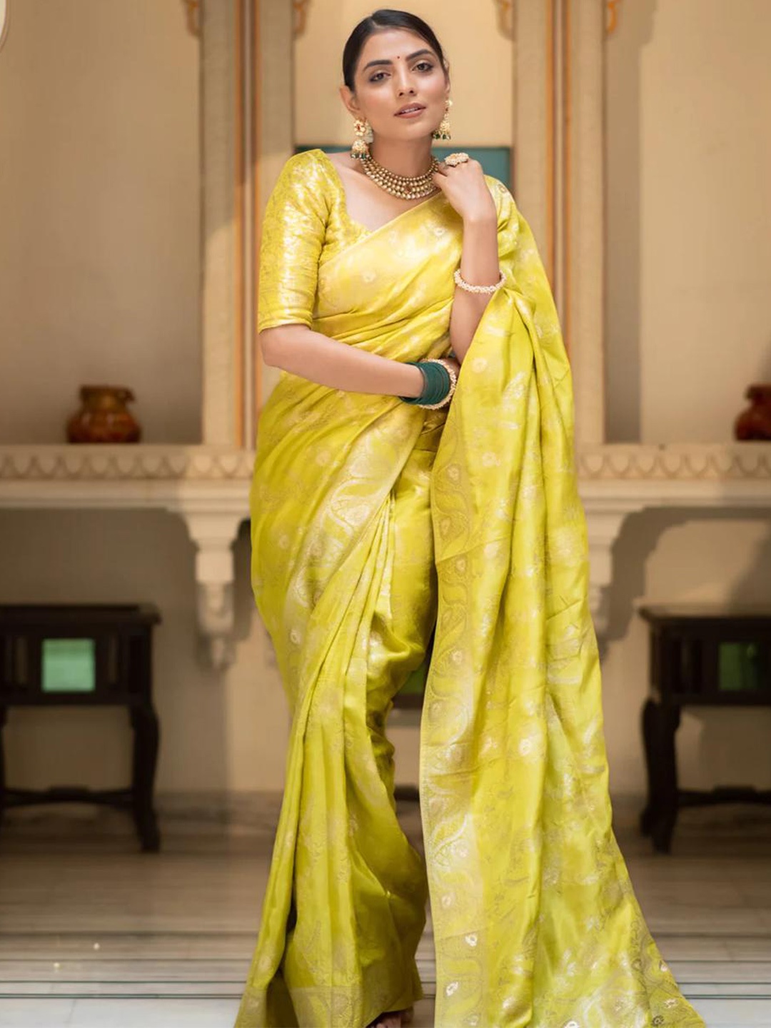 

PAVANPUTRA FAB Ethnic Motifs Woven Design Zari Banarasi Saree, Mustard