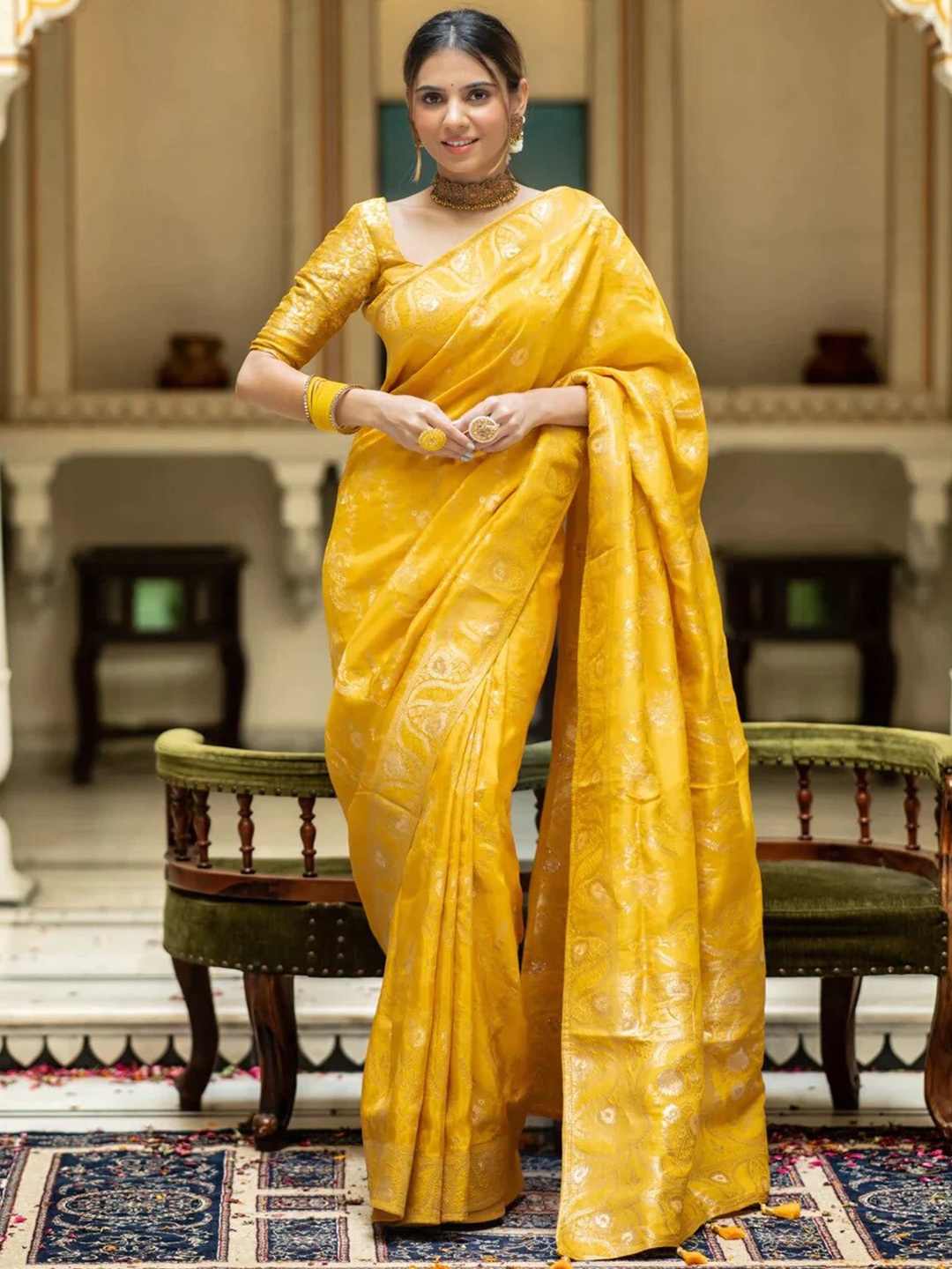 

PAVANPUTRA FAB Floral Woven Design Zari Banarasi Saree, Yellow