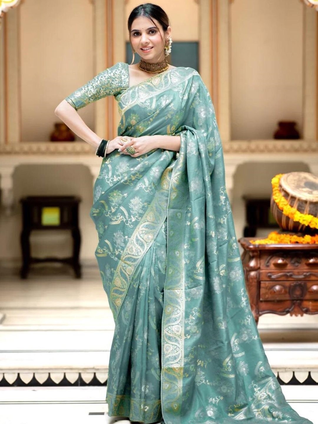 

PAVANPUTRA FAB Ethnic Motifs Woven Design Zari Banarasi Saree, Turquoise blue