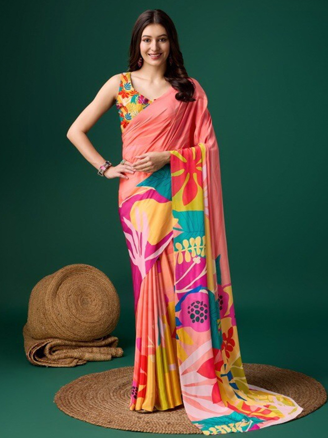 

P D Silk Mills Floral Printed Pure Crepe Saree, Orange