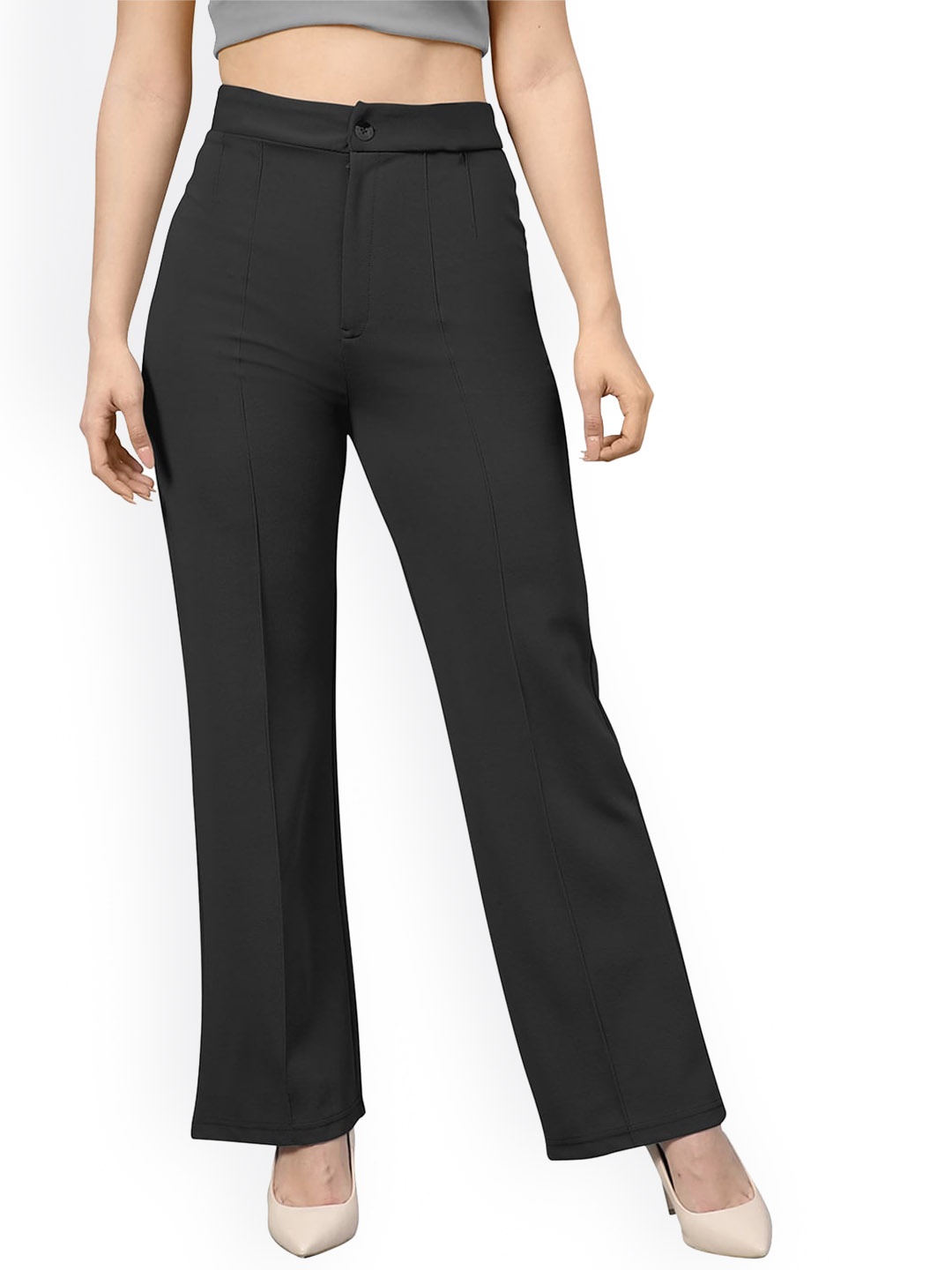 

BAESD Women High-Rise Easy Wash Cotton Regular Trousers, Black