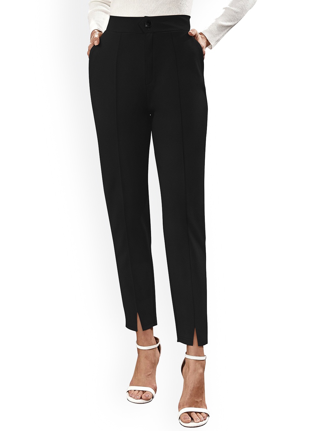 

BAESD Women High-Rise Easy Wash Cotton Regular Trousers, Black