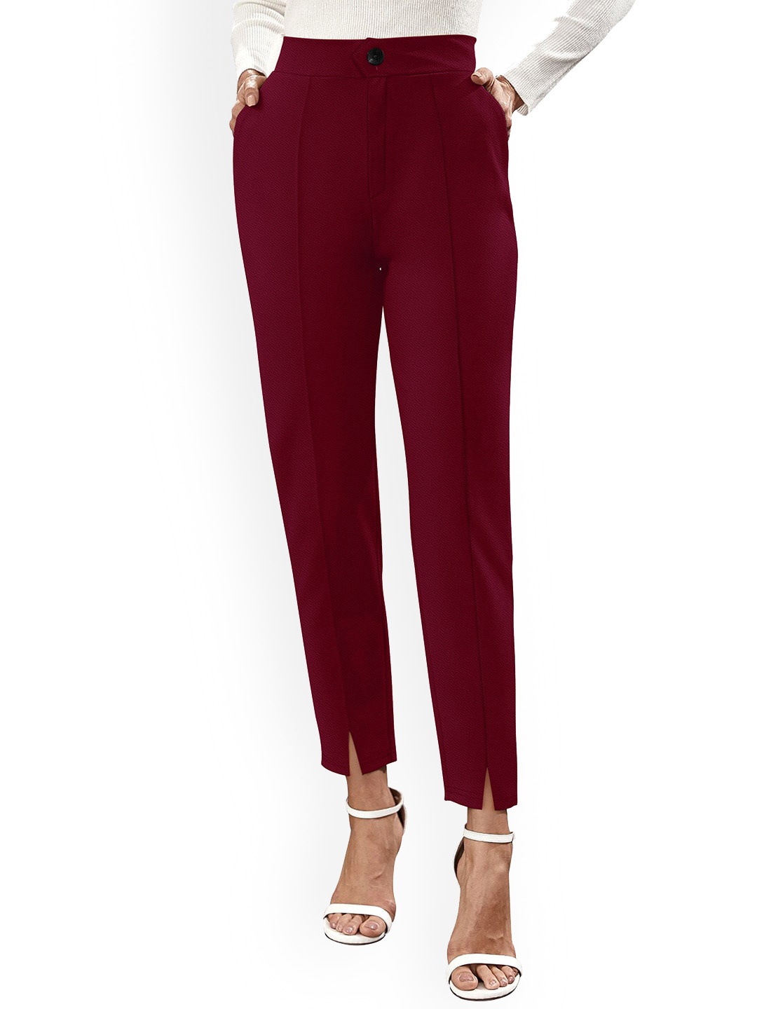 

BAESD Women High-Rise Easy Wash Cotton Regular Trousers, Maroon
