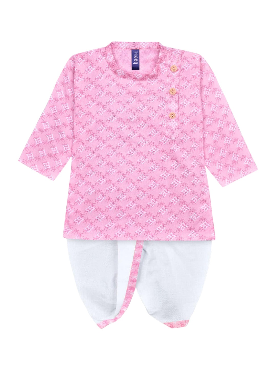 

BAESD Boys Ethnic Motifs Printed Mandarin Collar Kurta with Dhoti Pants, Pink