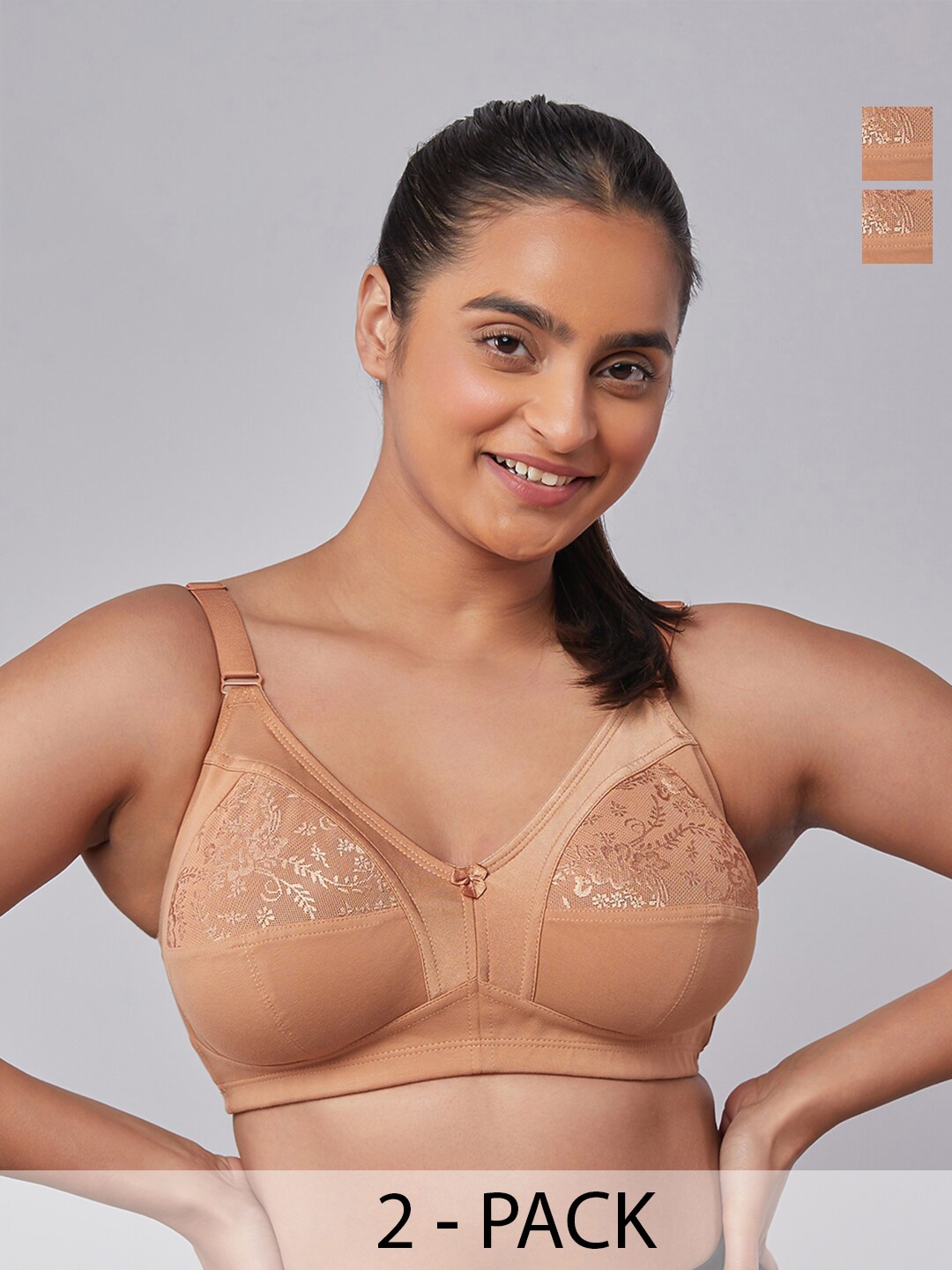 

MAASHIE Pack of 2 M Frame Full Coverage Non Padded Lace Bra CML-CML, Camel brown