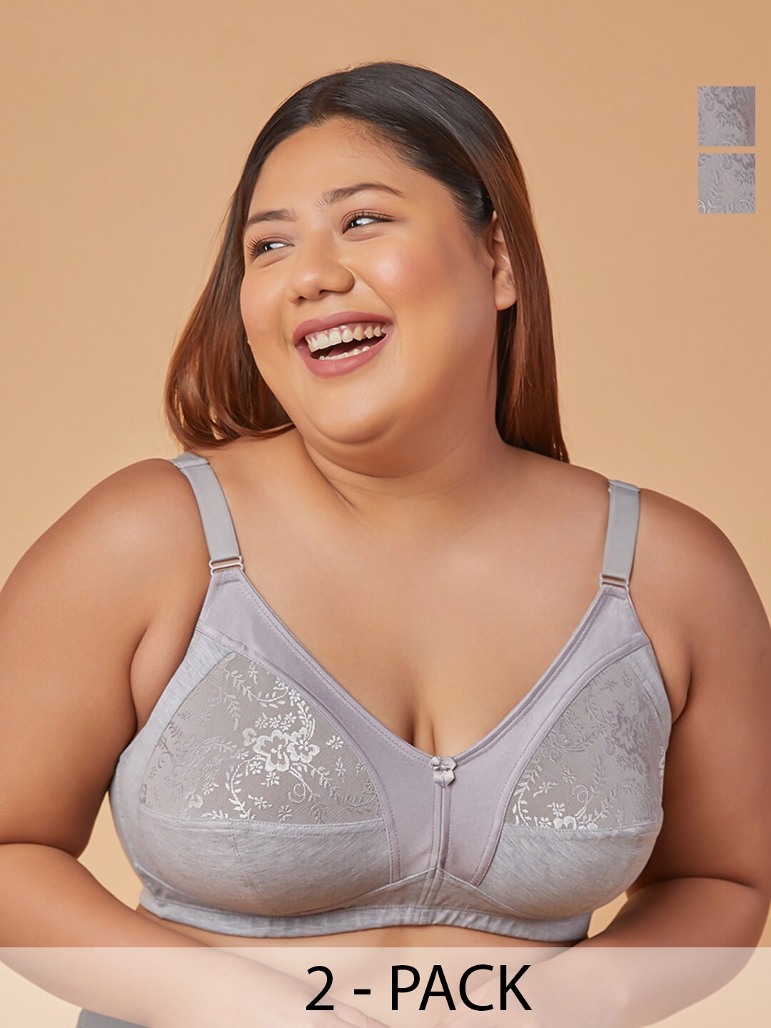 

MAASHIE Pack of 2 M Frame Full Coverage Non Padded Lace Bra GRY-GRY, Grey