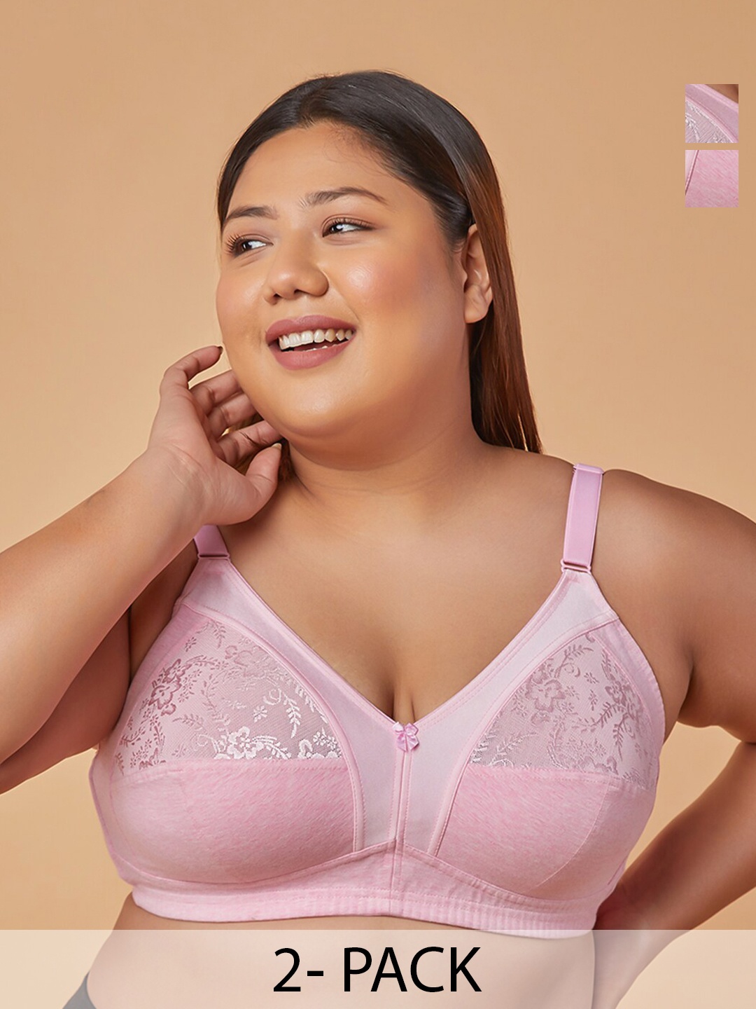 

MAASHIE Pack of 2 M Frame Full Coverage Non Padded Lace Bra PNK-PNK, Pink