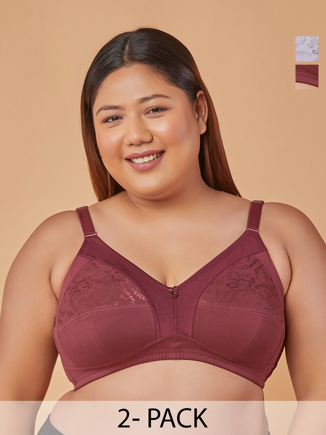 

MAASHIE Pack of 2 M Frame Full Coverage Non Padded Lace Bra WNE-WH, Burgundy