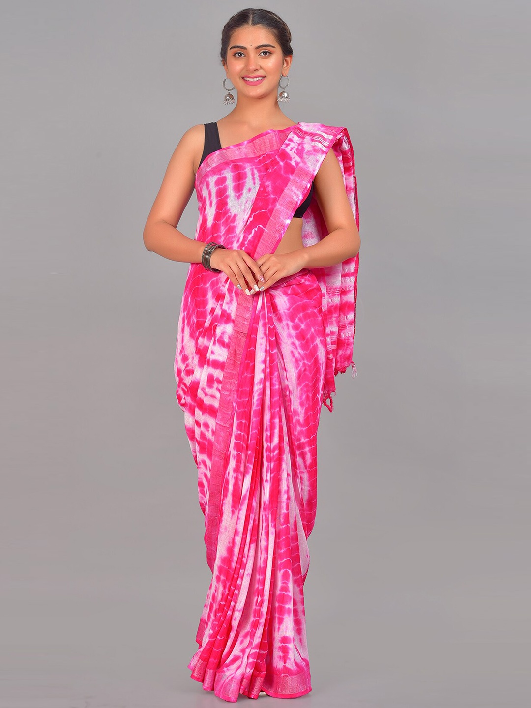 

SHOOLIN Tie and Dye Zari Pure Cotton Saree, Pink