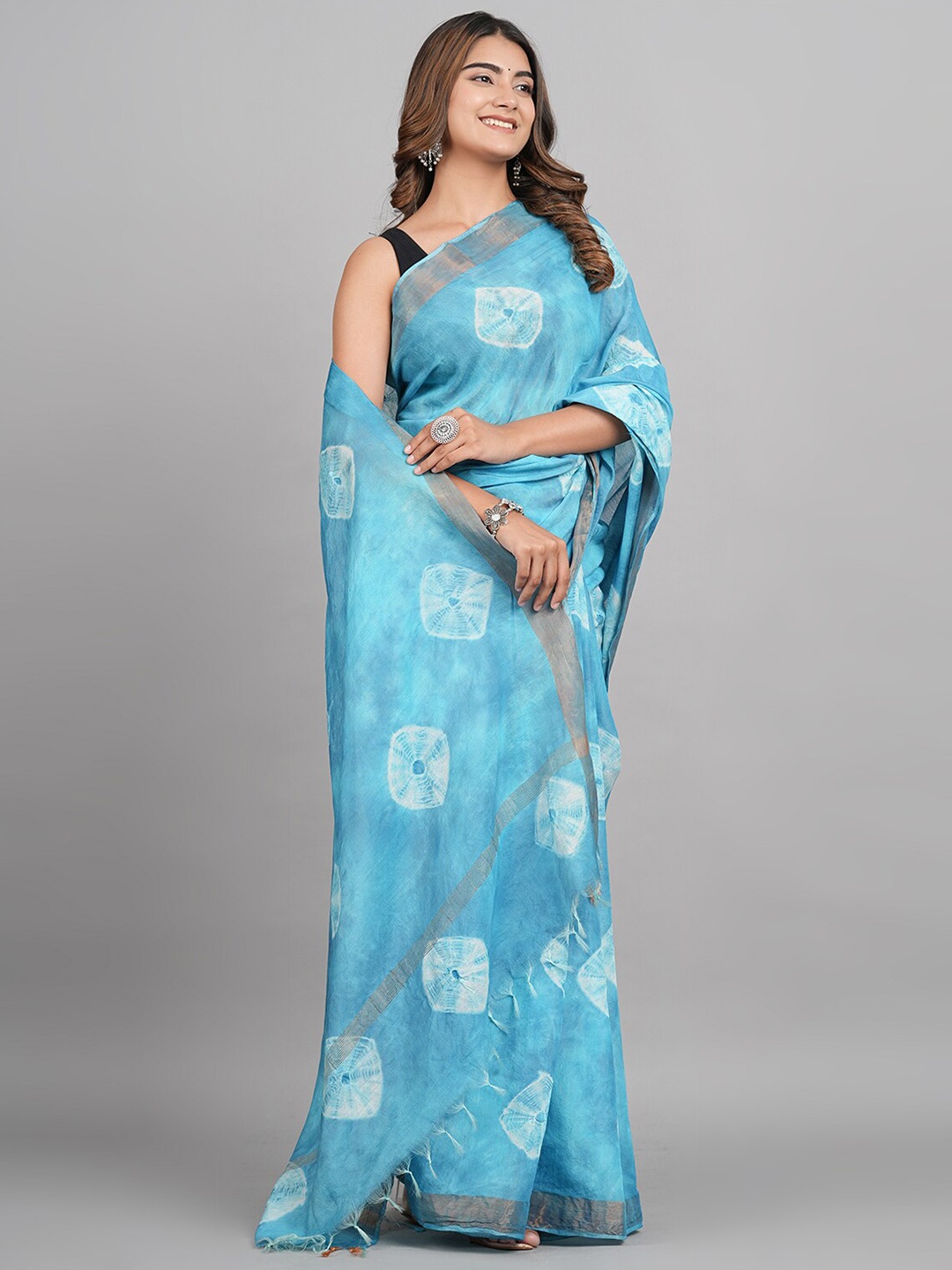 

SHOOLIN Tie and Dye Zari Pure Cotton Saree, Blue
