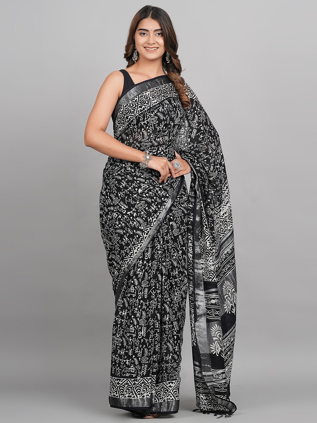 

SHOOLIN Ethnic Motifs Zari Pure Cotton Saree, Black