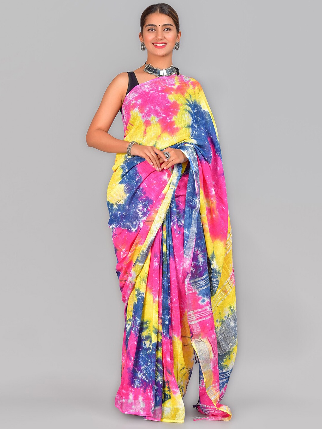 

SHOOLIN Tie and Dye Zari Pure Cotton Saree, Yellow