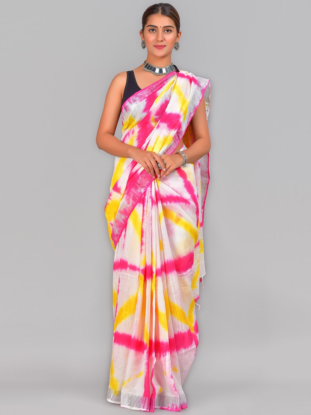 

SHOOLIN Tie and Dye Zari Pure Cotton Saree, Pink