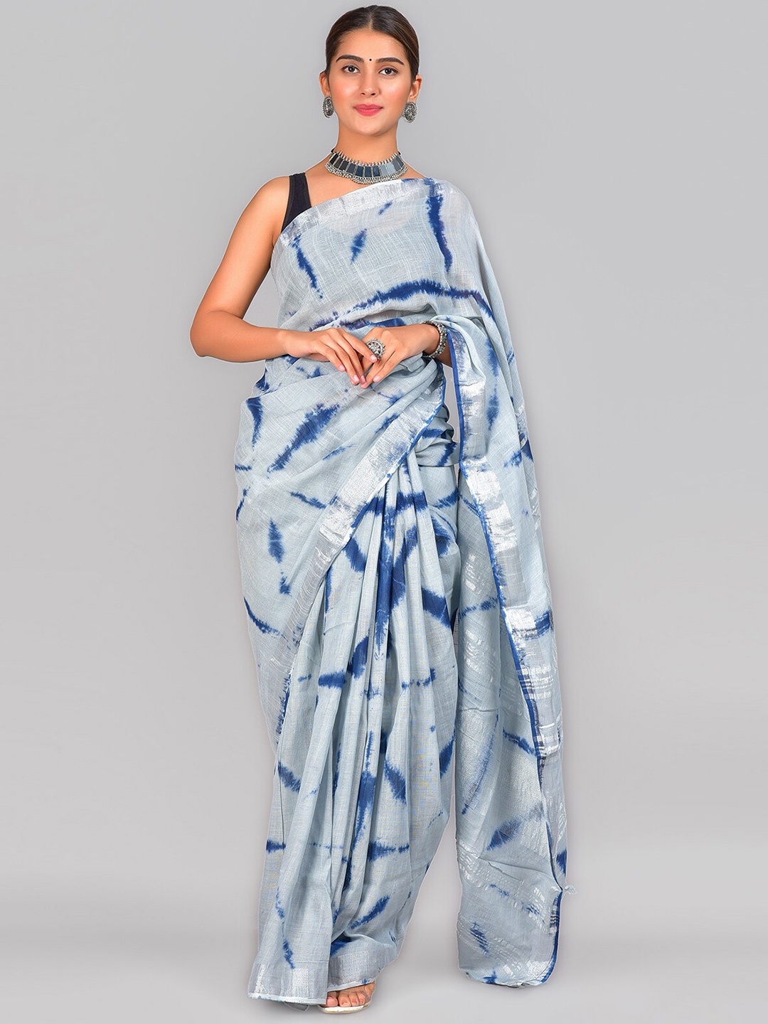 

SHOOLIN Tie and Dye Zari Pure Cotton Saree, Blue