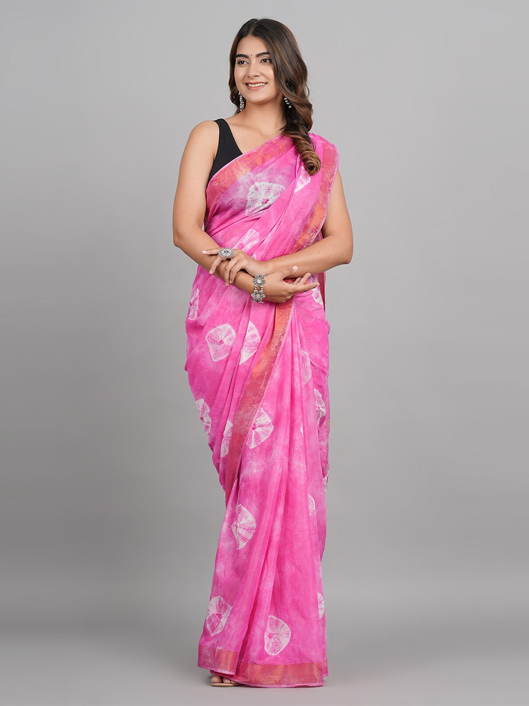 

SHOOLIN Tie and Dye Zari Pure Cotton Saree, Pink