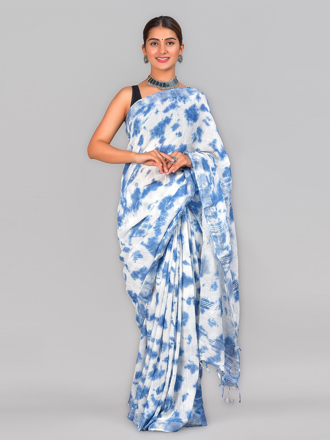 

SHOOLIN Tie and Dye Zari Pure Cotton Saree, Blue