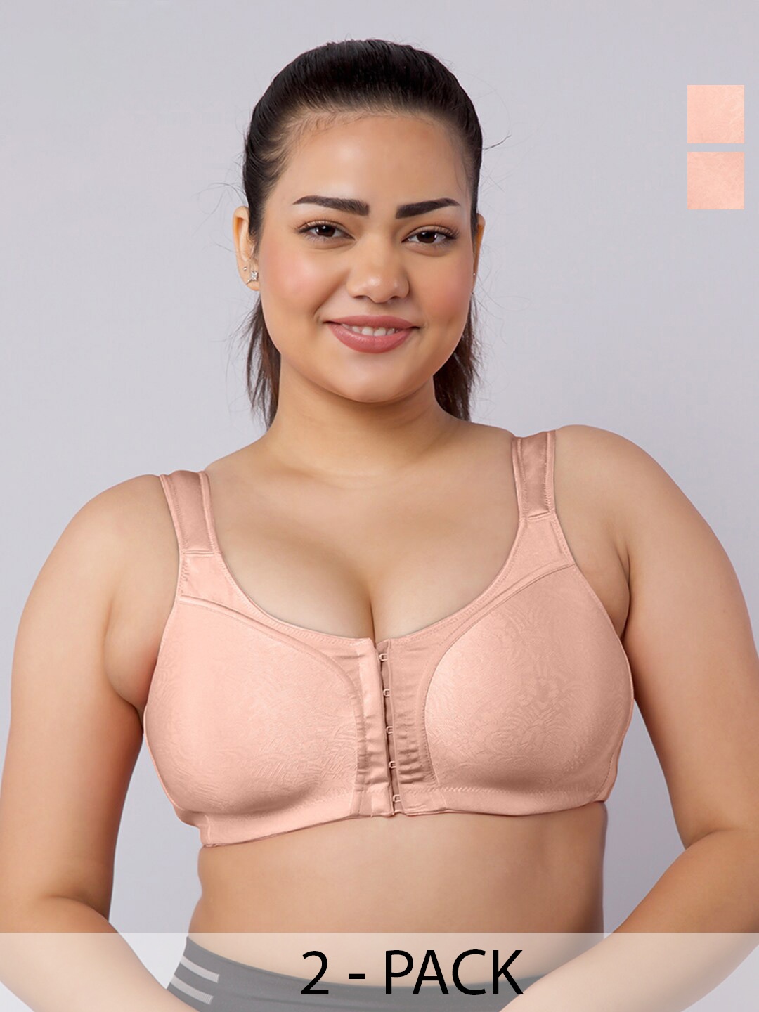 

MAASHIE Pack pf 2 Jacquard Fabric Molded Cups Front Open Bra PCH-PCH, Peach