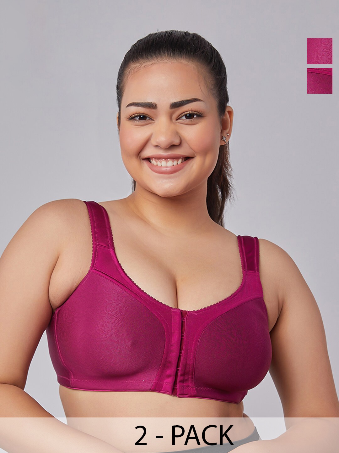 

MAASHIE Pack pf 2 Jacquard Fabric Molded Cups Front Open Bra BRGD-BRGD, Burgundy