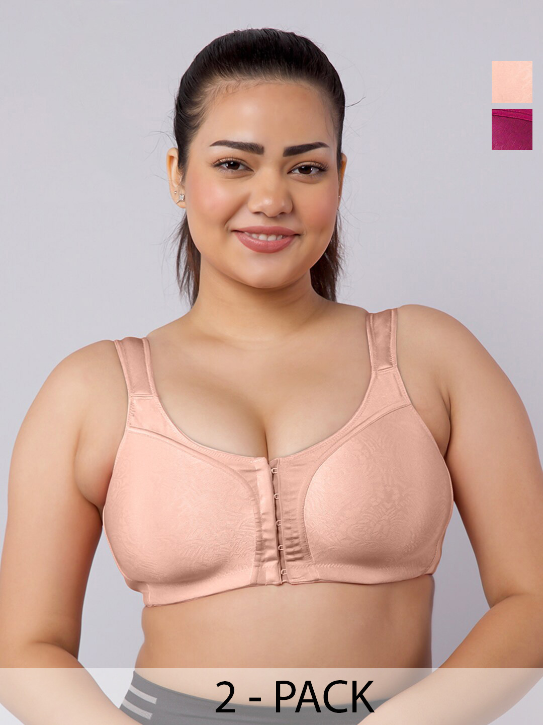 

MAASHIE Pack pf 2 Jacquard Fabric Molded Cups Front Open Bra PCH-BRGD, Peach