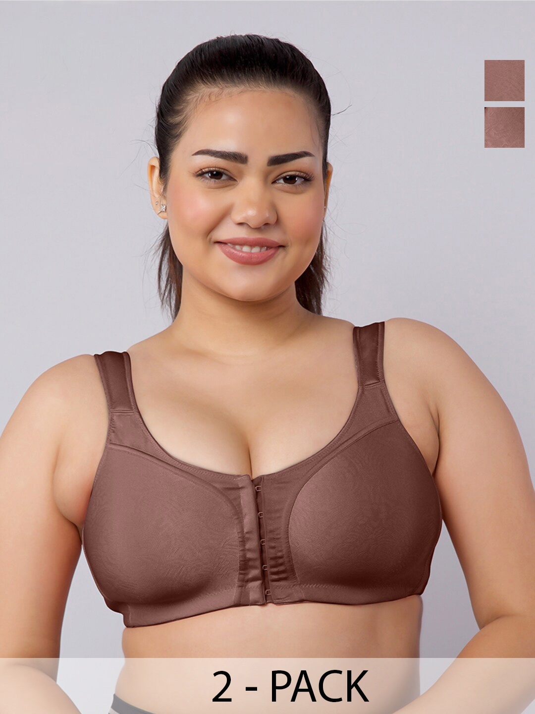 

MAASHIE Pack pf 2 Jacquard Fabric Molded Cups Front Open Bra BRWN-BRWN, Brown