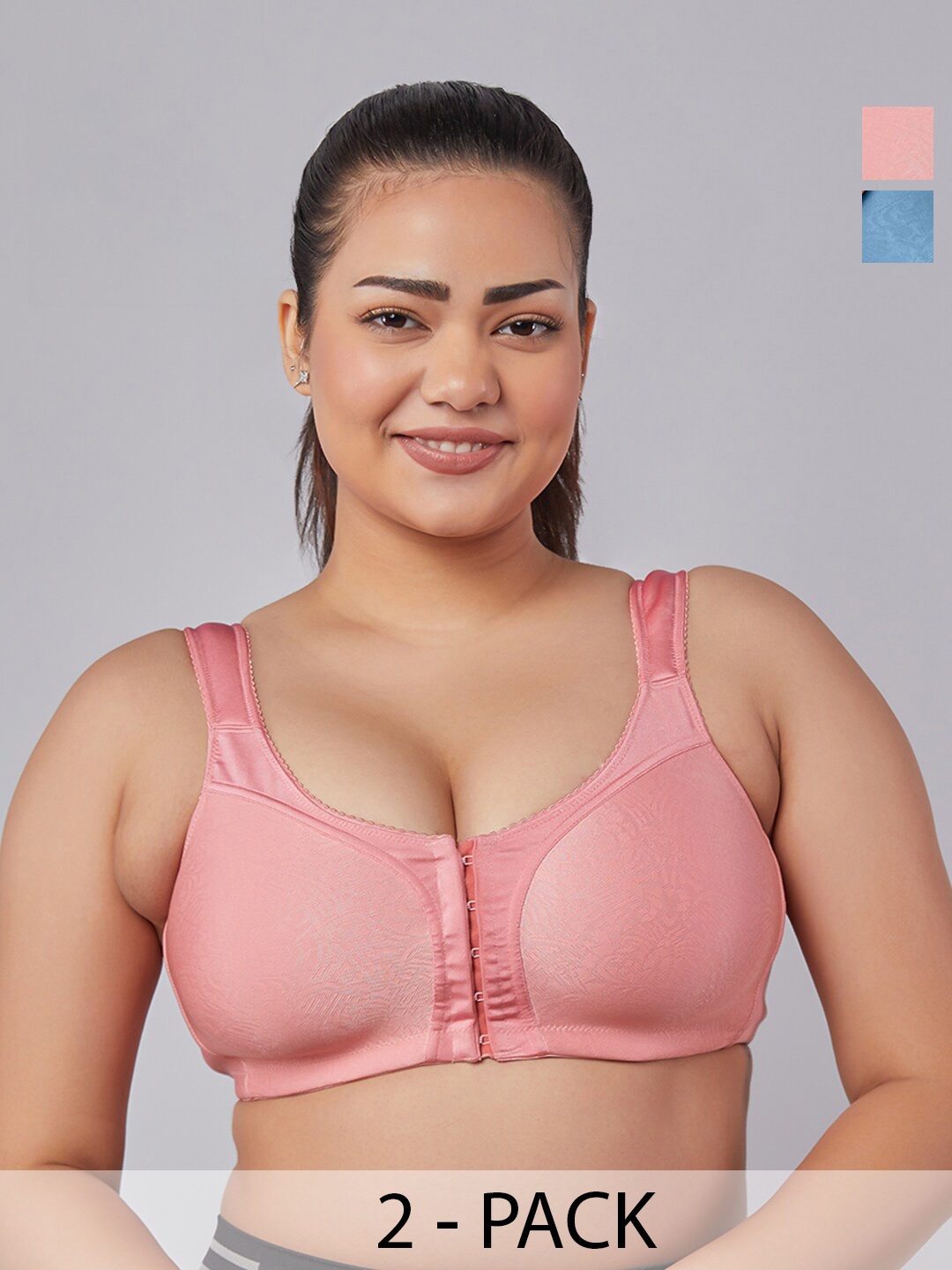 

MAASHIE Pack pf 2 Jacquard Fabric Molded Cups Front Open Bra DPNK-TBLU, Pink