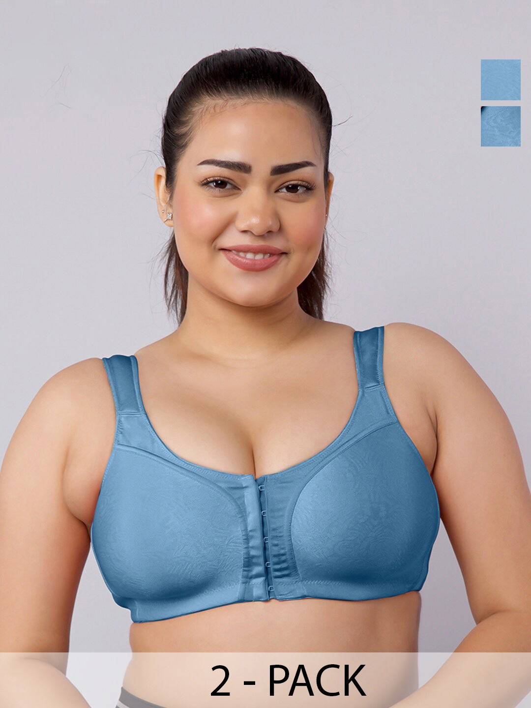 

MAASHIE Pack pf 2 Jacquard Fabric Molded Cups Front Open Bra TBLU-TBLU, Blue