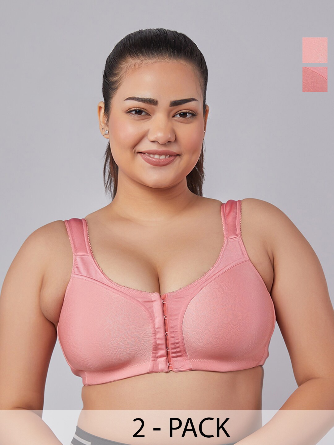 

MAASHIE Pack pf 2 Jacquard Fabric Molded Cups Front Open Bra DPNK-DPNK, Pink