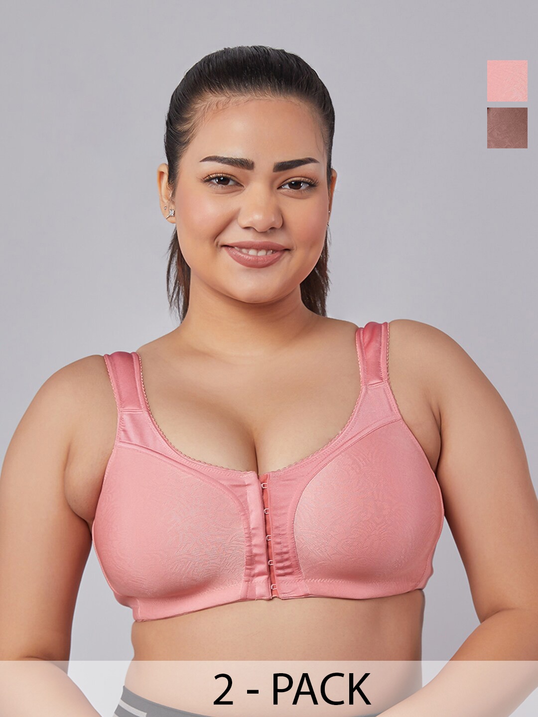 

MAASHIE Pack pf 2 Jacquard Fabric Molded Cups Front Open Bra DPNK-BRWN, Pink