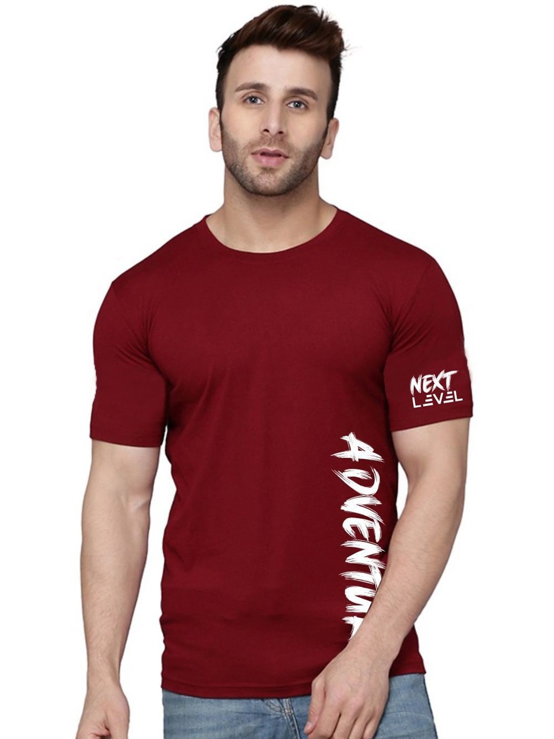 

SLOWLORIS Typography Printed Short Sleeves Round Neck Pure Cotton T-shirt, Maroon