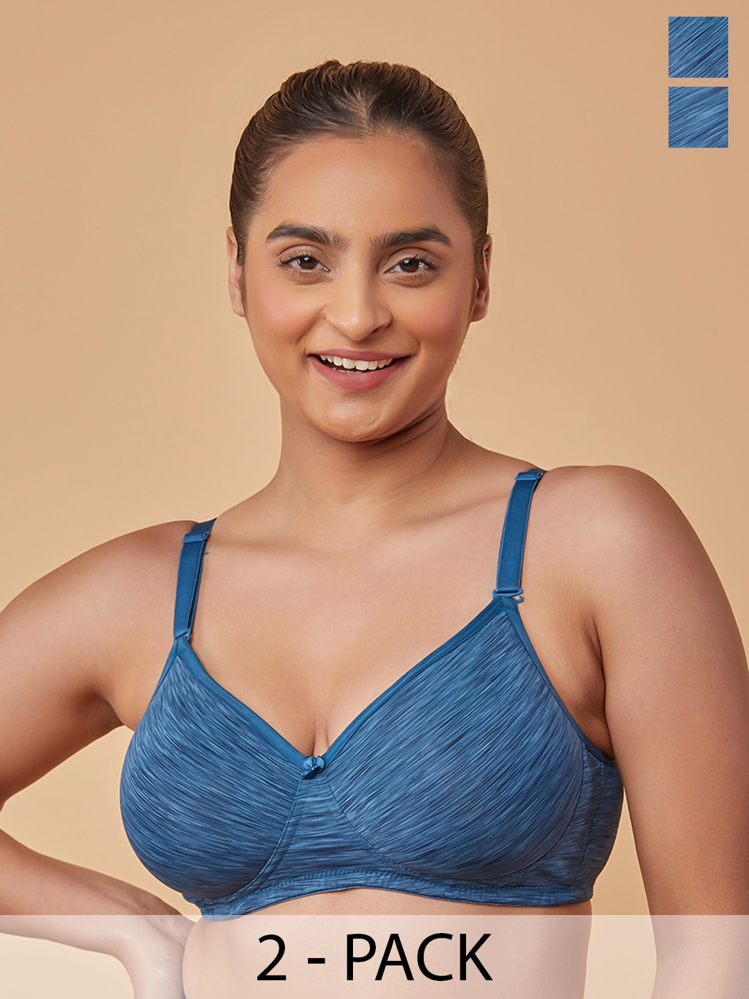 

MAASHIE Pack of 2 Convertible Straps Non-Wired Padded T-Shirt Bra BLU-BLU, Blue