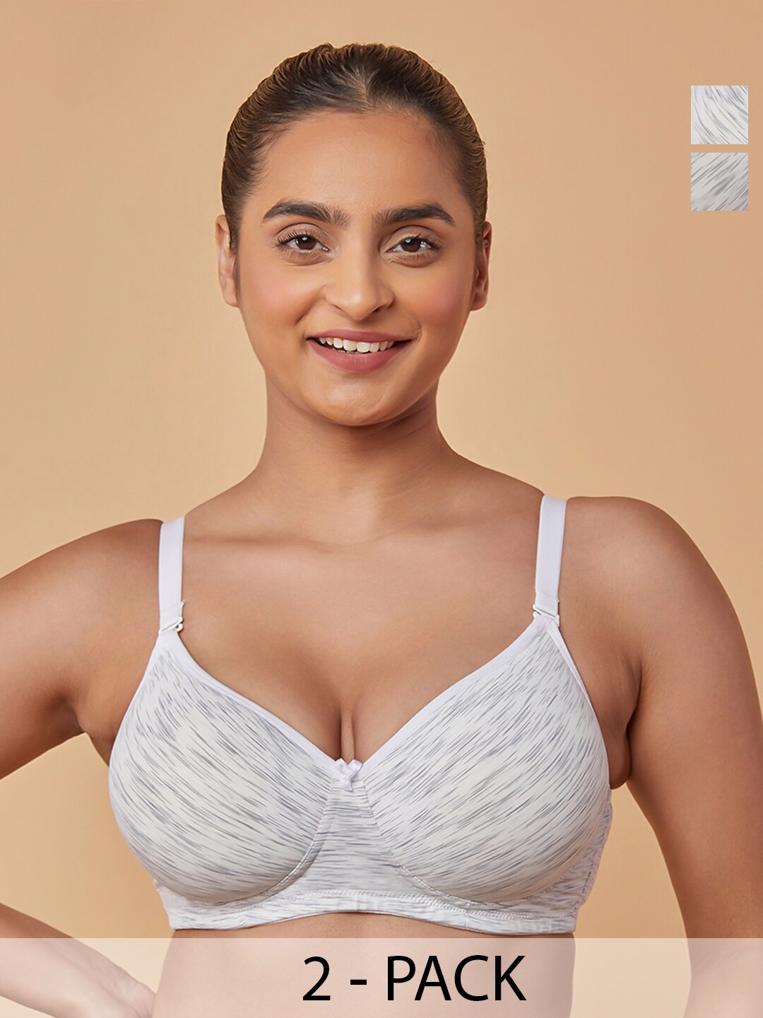 

MAASHIE Pack of 2 Convertible Straps Non-Wired Padded T-Shirt Bra WH-WH, White