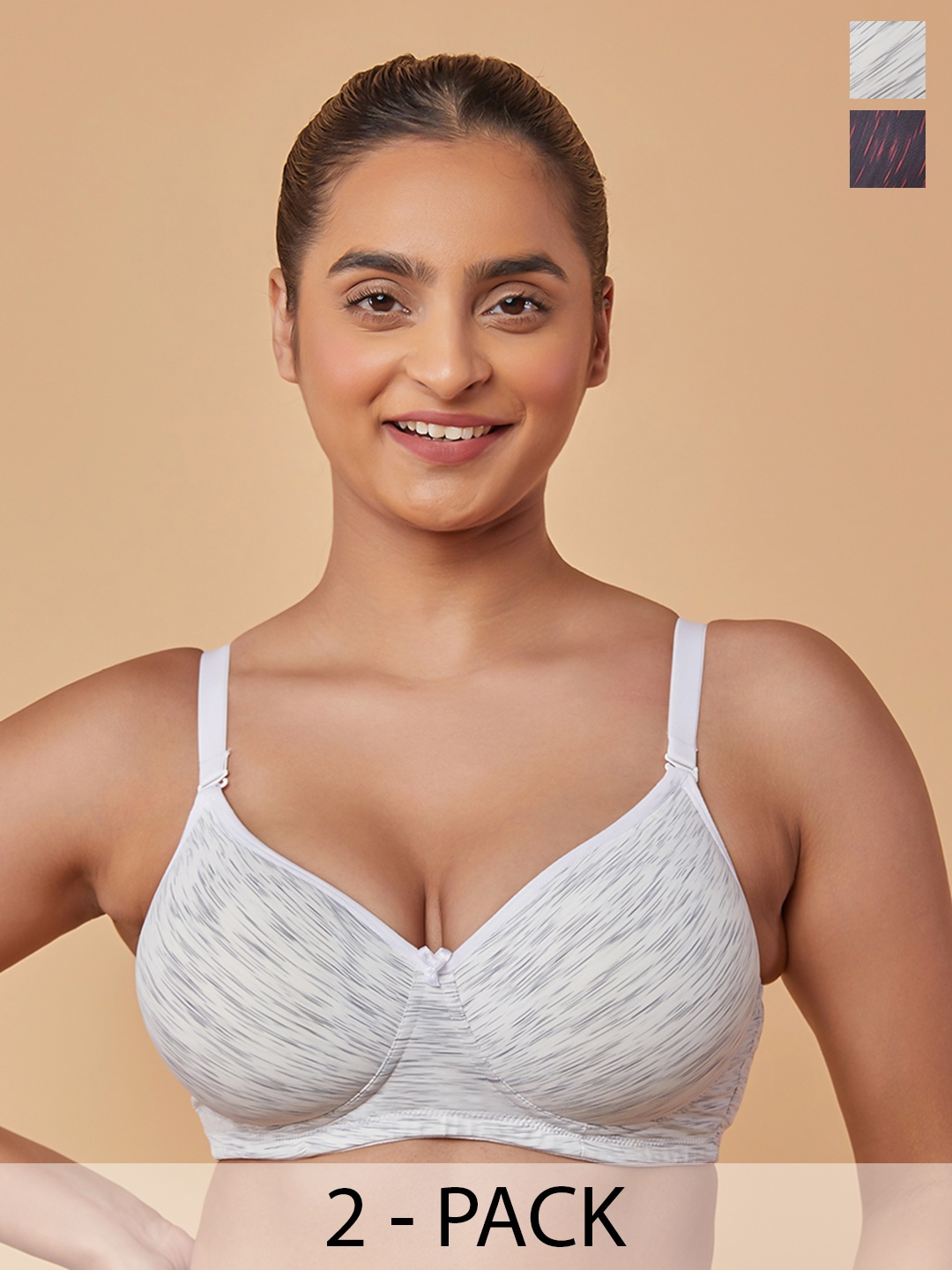 

MAASHIE Pack of 2 Convertible Straps Non-Wired Padded T-Shirt Bra WH-RD, White