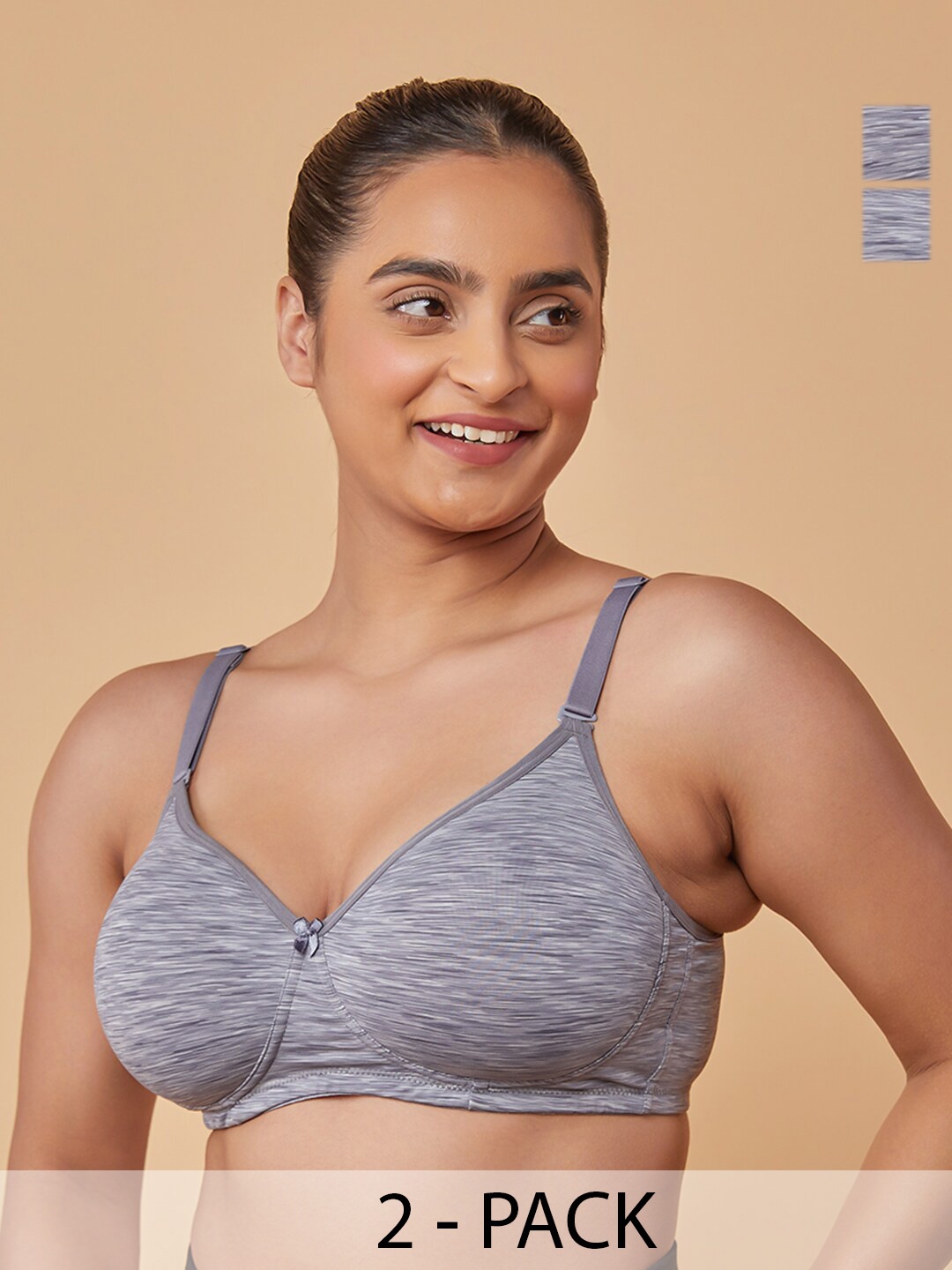

MAASHIE Pack of 2 Convertible Straps Non-Wired Padded T-Shirt Bra GRY-GRY, Grey