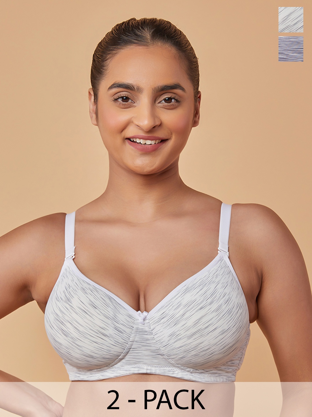 

MAASHIE Pack of 2 Convertible Straps Non-Wired Padded T-Shirt Bra WH-GRY, White